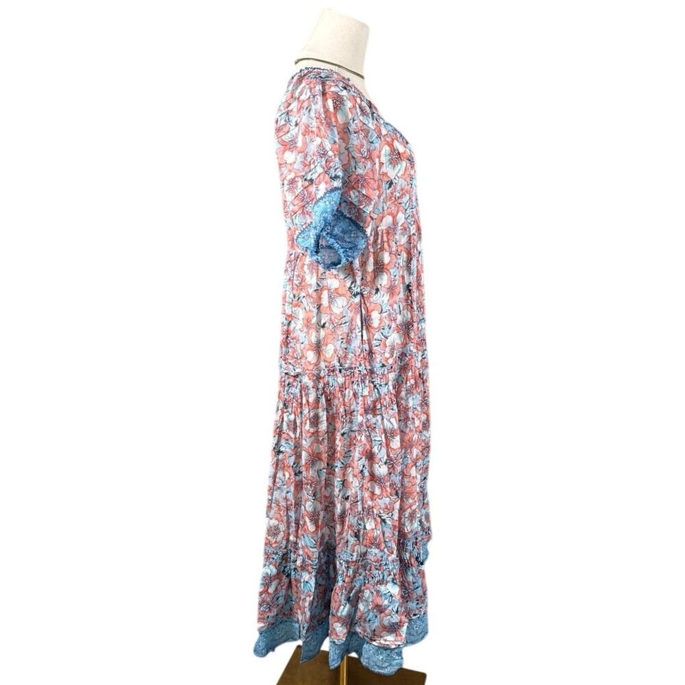 Poupette St Barth Floral Boho Midi Dress Blue Orange Print Size XS Romantic - Picture 5 of 14